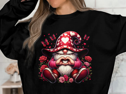 Whimsical Gnome Love Heart T-Shirt, Valentine's Day Graphic Tee, Cute Dwarf with Butterflies and Roses Top - Trendy AF