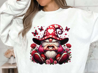 Whimsical Gnome Love Heart T-Shirt, Valentine's Day Graphic Tee, Cute Dwarf with Butterflies and Roses Top - Trendy AF