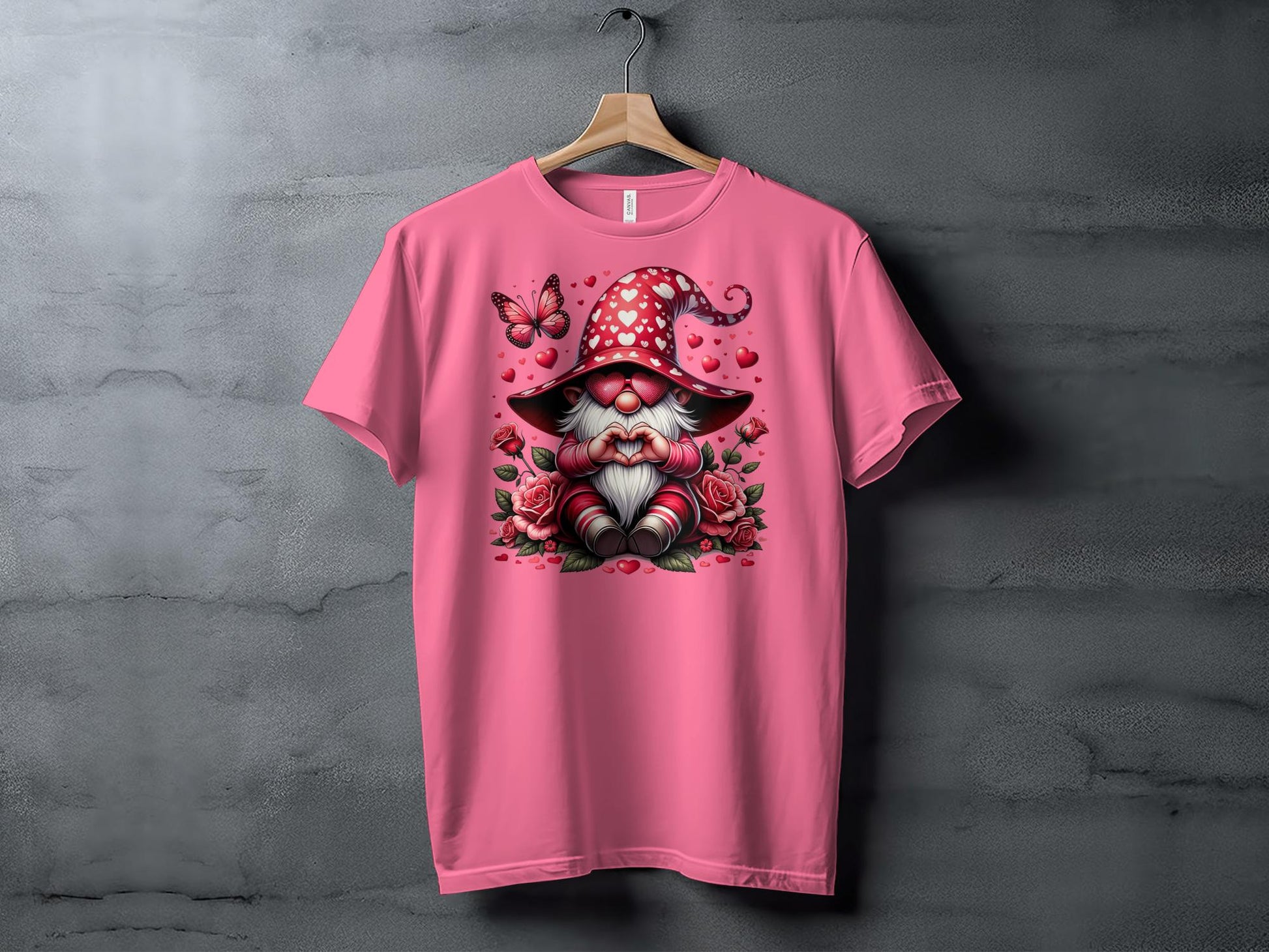 Whimsical Love Gnome T-Shirt, Valentine's Day Hearts and Roses, Cute Gnome with Butterfly Graphic Tee, Romantic Gift Idea - Trendy AF