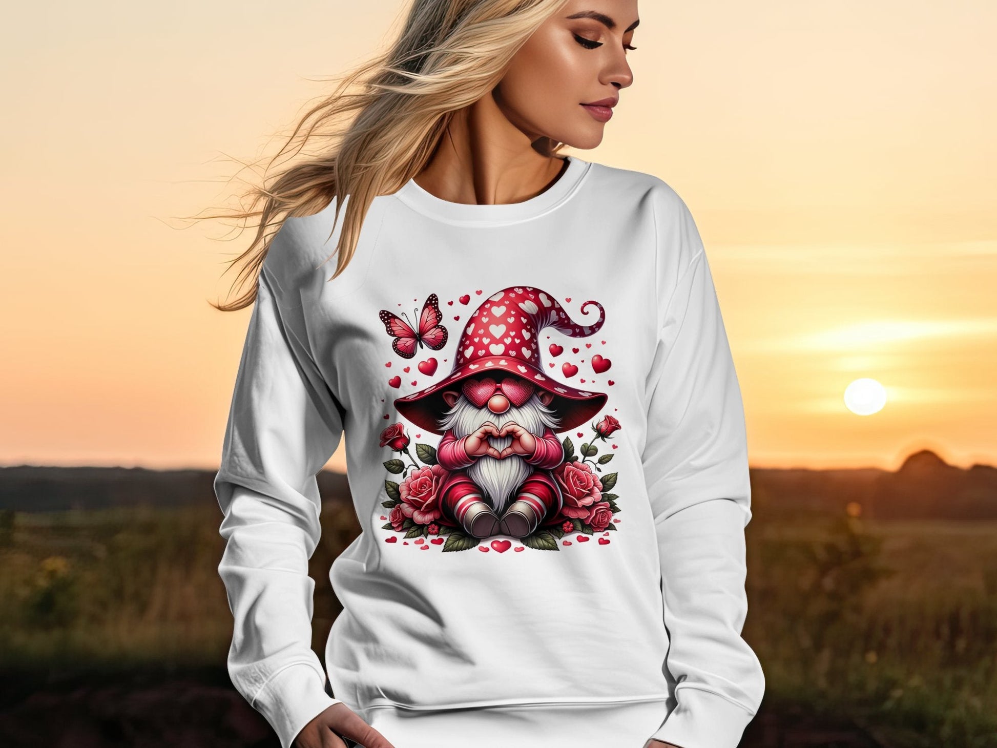 Whimsical Love Gnome T-Shirt, Valentine's Day Hearts and Roses, Cute Gnome with Butterfly Graphic Tee, Romantic Gift Idea - Trendy AF