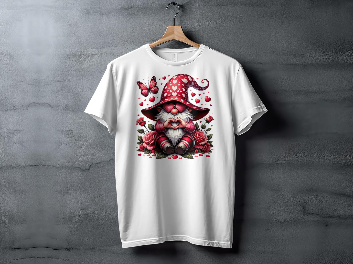 Whimsical Love Gnome T-Shirt, Valentine's Day Hearts and Roses, Cute Gnome with Butterfly Graphic Tee, Romantic Gift Idea - Trendy AF