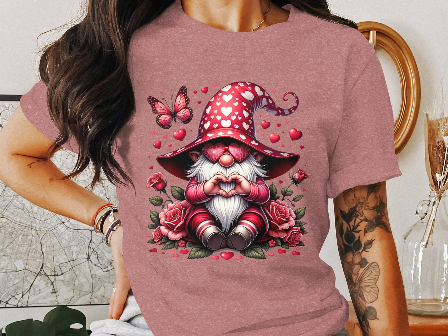 Whimsical Love Gnome T-Shirt, Valentine's Day Hearts and Roses, Cute Gnome with Butterfly Graphic Tee, Romantic Gift Idea - Trendy AF