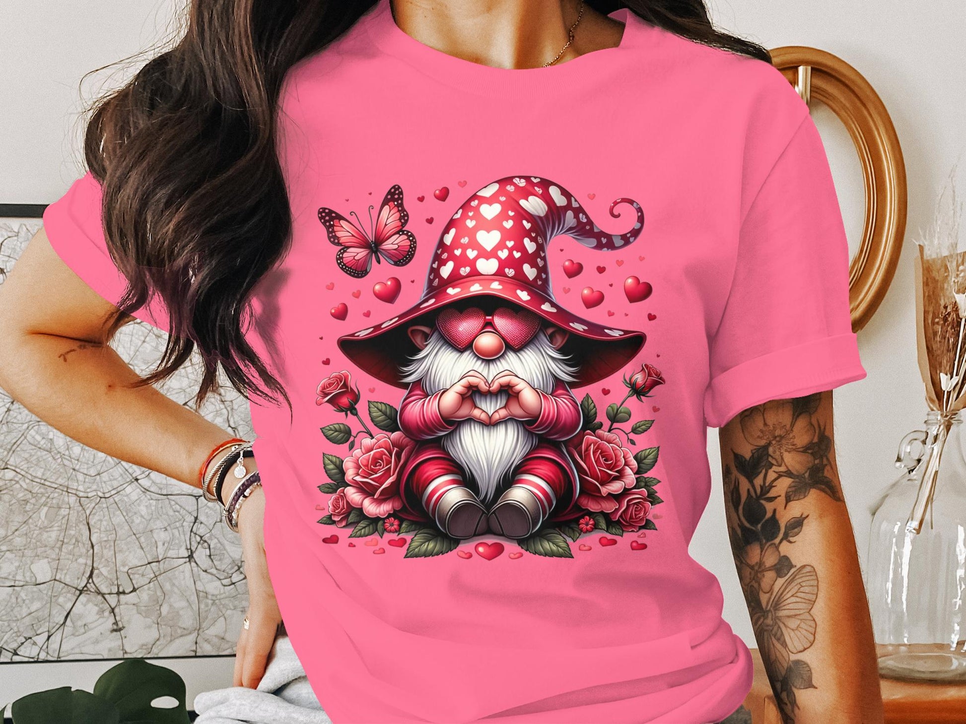 Whimsical Love Gnome T-Shirt, Valentine's Day Hearts and Roses, Cute Gnome with Butterfly Graphic Tee, Romantic Gift Idea - Trendy AF