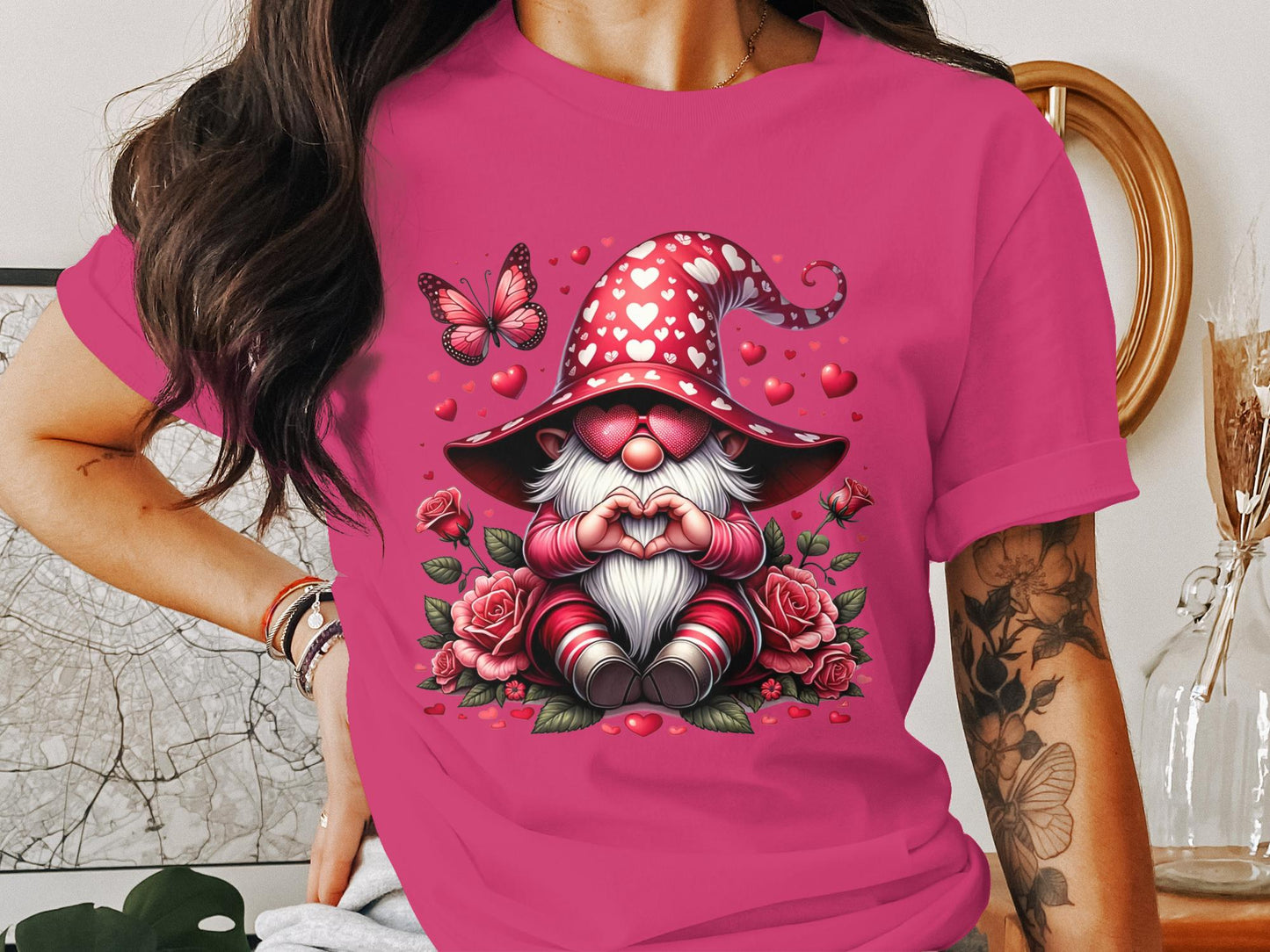 Whimsical Love Gnome T-Shirt, Valentine's Day Hearts and Roses, Cute Gnome with Butterfly Graphic Tee, Romantic Gift Idea - Trendy AF