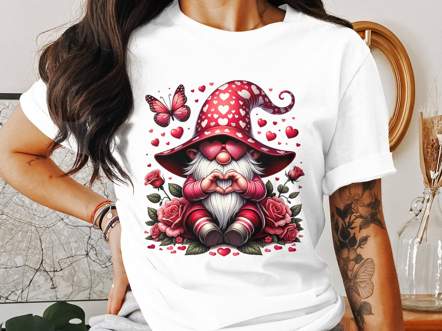 Whimsical Love Gnome T-Shirt, Valentine's Day Hearts and Roses, Cute Gnome with Butterfly Graphic Tee, Romantic Gift Idea - Trendy AF