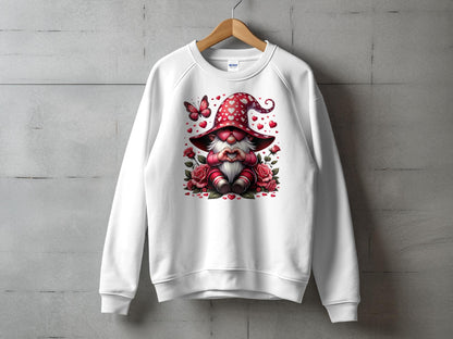 Whimsical Love Gnome T-Shirt, Valentine's Day Hearts and Roses, Cute Gnome with Butterfly Graphic Tee, Romantic Gift Idea - Trendy AF