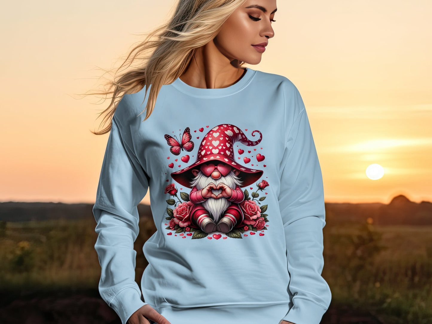 Whimsical Love Gnome T-Shirt, Valentine's Day Hearts and Roses, Cute Gnome with Butterfly Graphic Tee, Romantic Gift Idea - Trendy AF